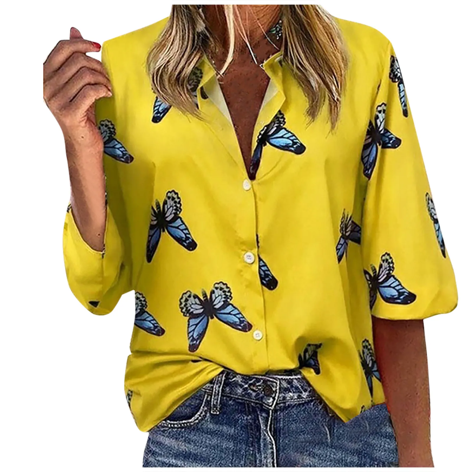 Plus Size Women Casual Long Sleeve Butterfly Print Loose Shirt Autumn Sexy Pullover Blouse Cotton Line Elegant Top Shirt#g30 | Женская