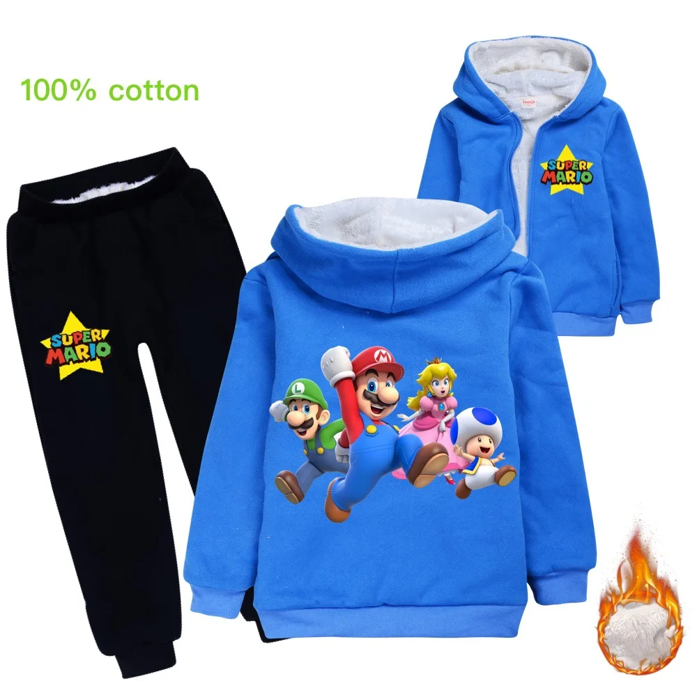 New children's favorite super Mario cotton plus velvet thick winter coat warm boys and girls jacket sports suit 3-14Y
