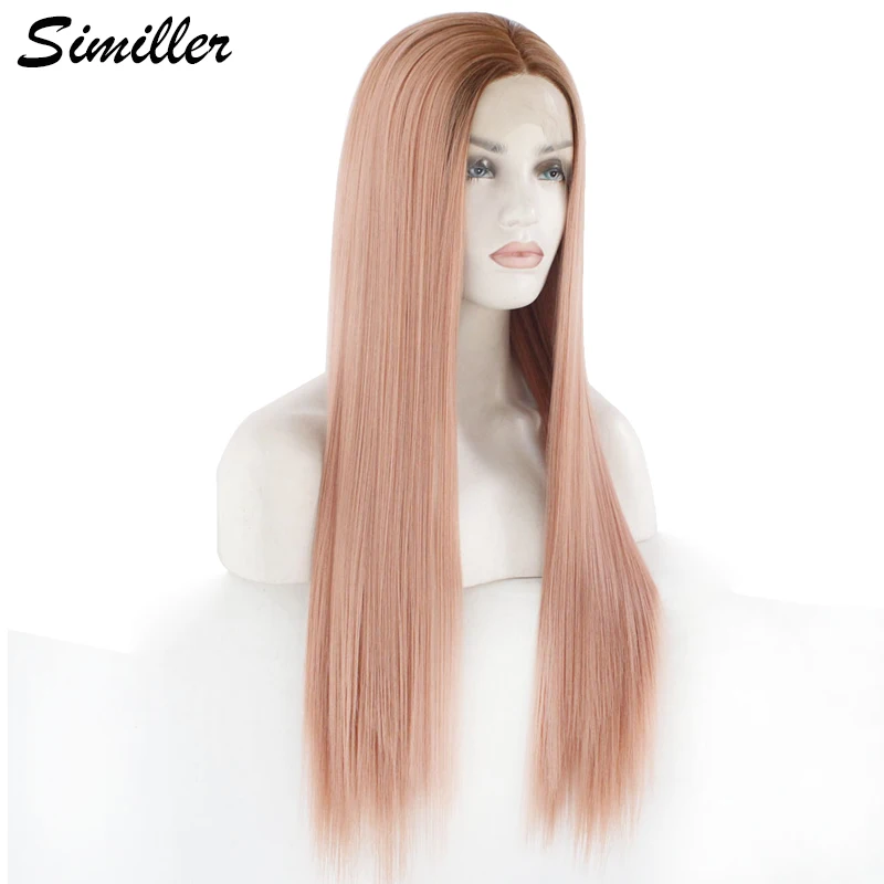 

Similler High Temperature Fiber Long Lace Front Wigs for Women Middle Part Straight Hair Dark Root Pink Cosplay Wig