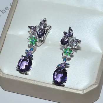 

2019 New Epoxy Purple Flower with Zircon Stone Butterfly Long Stud Earrings for Women Fashion Jewelry Korean Earrings