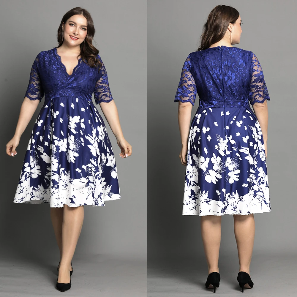 Robe grande taille imprimée à manches mi-longues avec col en V, collection printemps et automne 4