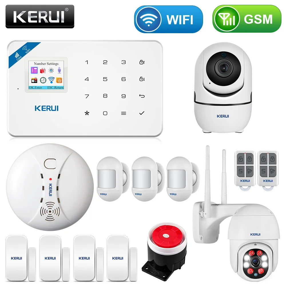 KERUI-sistema de alarma de seguridad para el hogar Detector de movimiento, Control de fuego, Detector de humo, alarma, pantalla con WIFI, GSM, TFT, 1,7 pulgadas, W18
