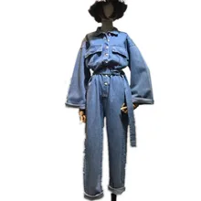 Женский комбинезон длинный рукав ремень свободный Осенний комбинезон прямого силуэта Женский Уличная комбинезон