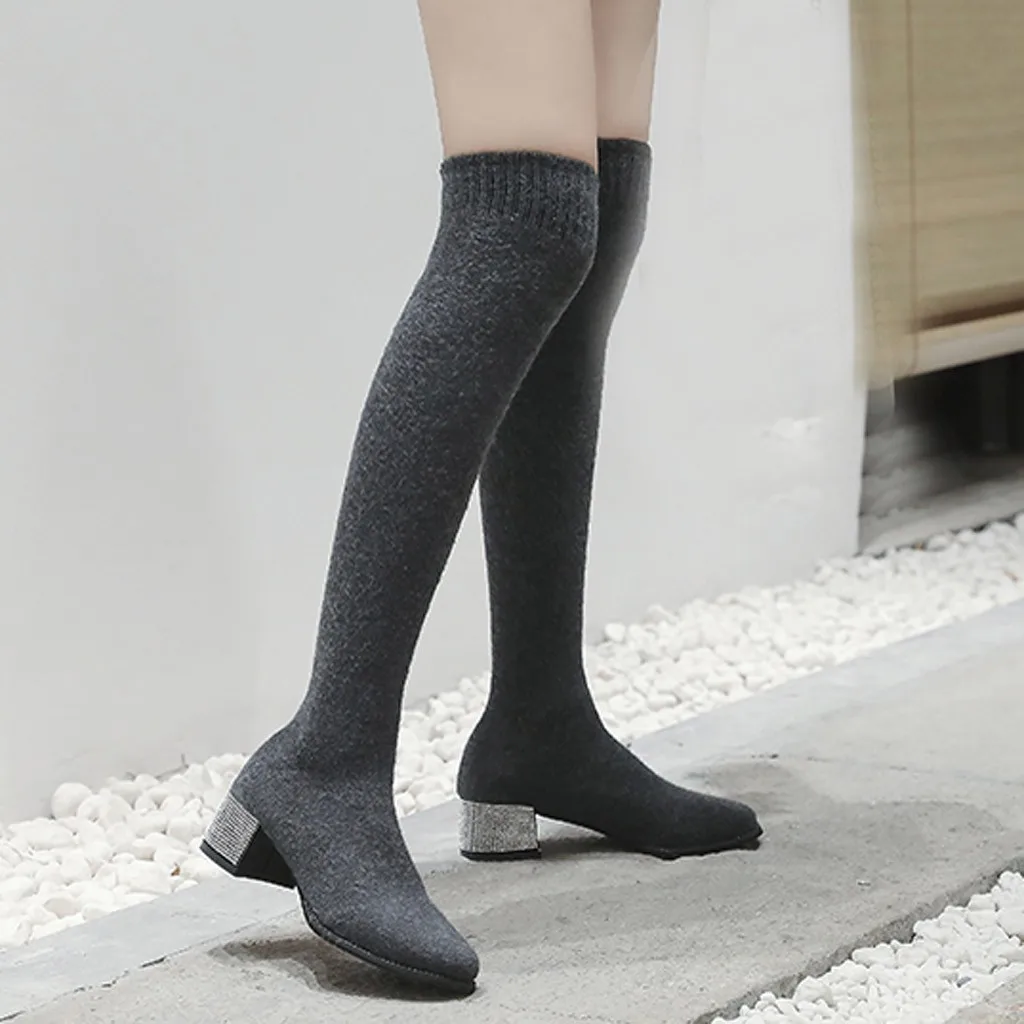 

Women Elastic Socks Boots Over The Knee Boots Female Square Heeled Long Booties For Ladies Round Toe Shoes Botas Mujer Invierno