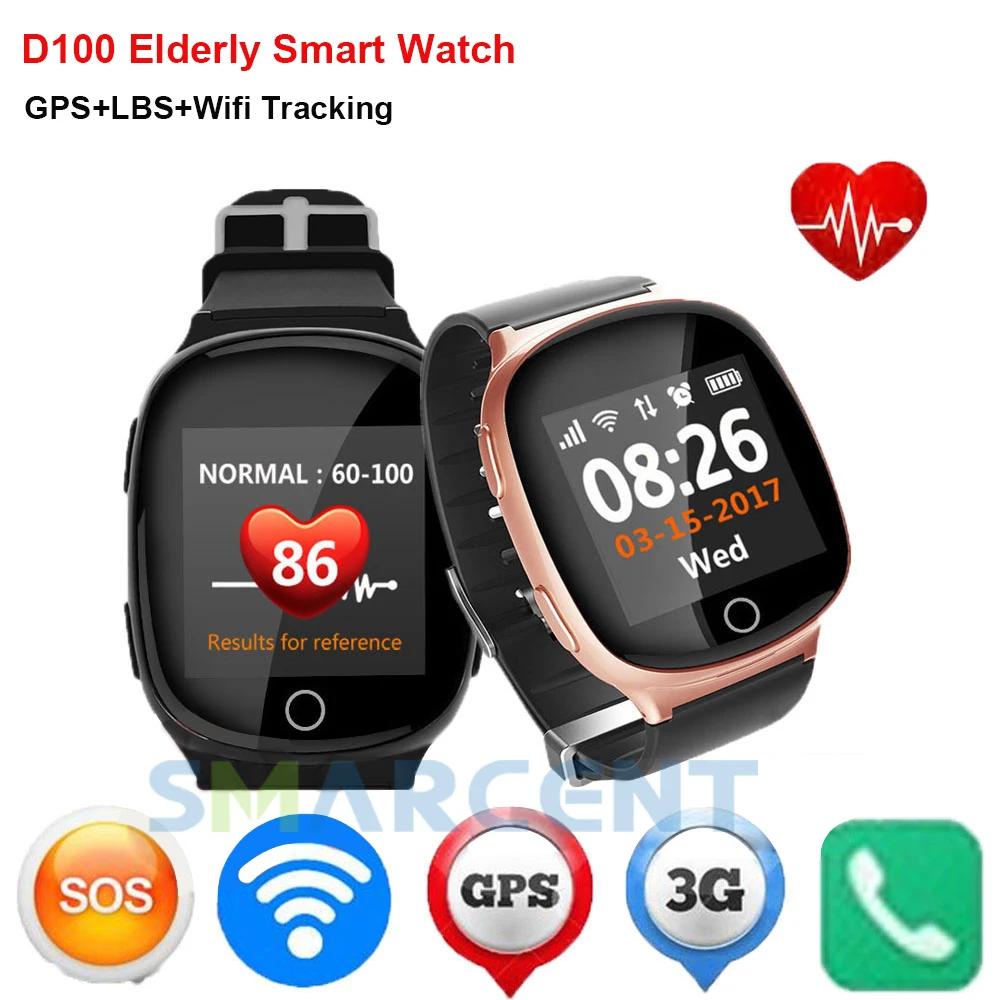 D100 Smart Watch for Elderly Men Women Heart Monitor with Fall-Fown Alarm Function Anti-lost SOS Button GPS LBS WIFI Tracking