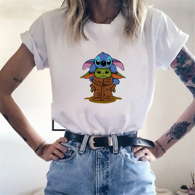 

Lei SAGLY Cute star wars Baby Yoda Women T-Shirt Lilo & Stitch short sleeve fashion tee shirt streetwear print clothes