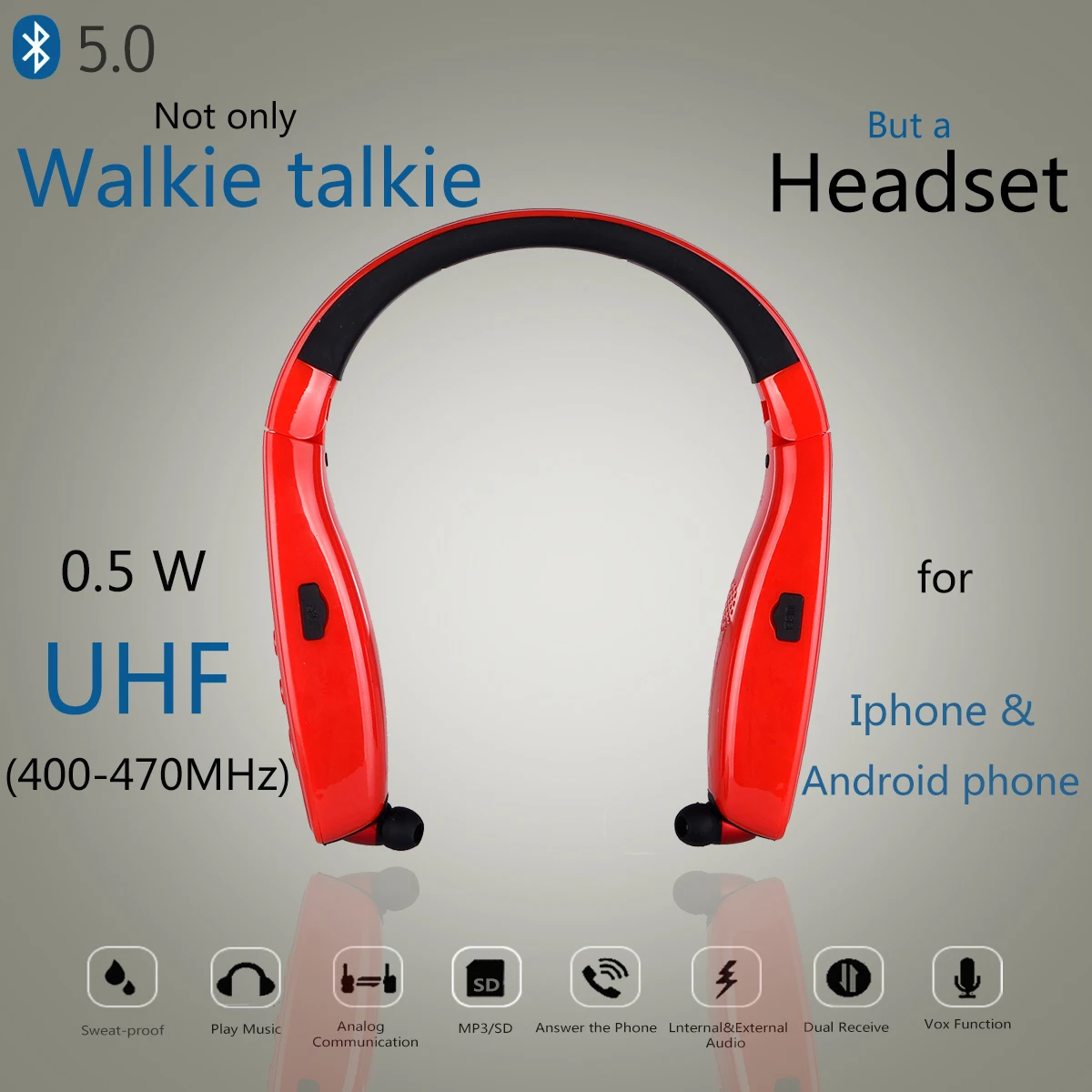 

Abbree AR-669 UHF 400-470MHz 0.5W 99CH Neckband mini Walkie Talkie Bluetooth Headset Earphone for Two Way Radio and phone