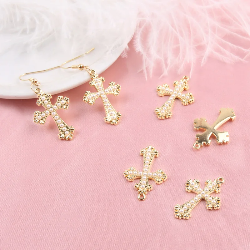 10pcs/pack 20*30mm Cross Metal Pearl Cross Golden Charms Pendant For