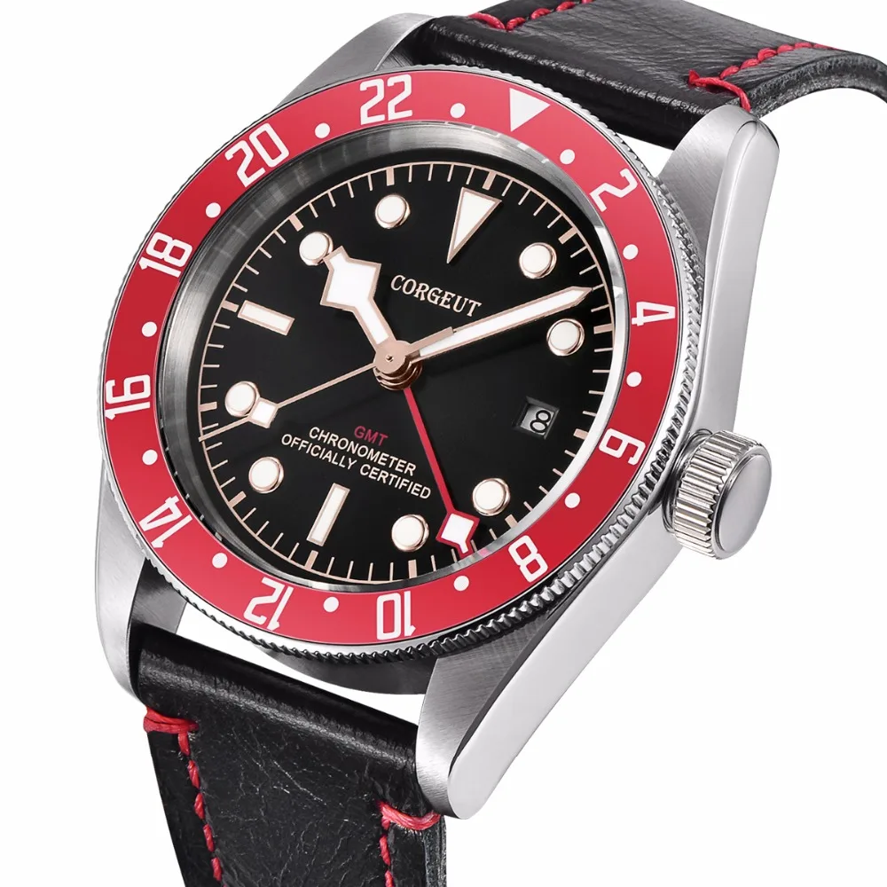 Corgeut Роскошные Брендовые Часы Schwarz Bay GMT Сапфир Мужские автоматические военные спортивные часы для плавания кожаные механические наручные часы