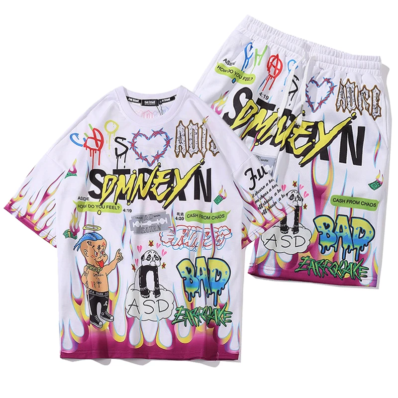 Костюм спортивный мужской из 2 предметов футболка с принтом пламени и граффити в