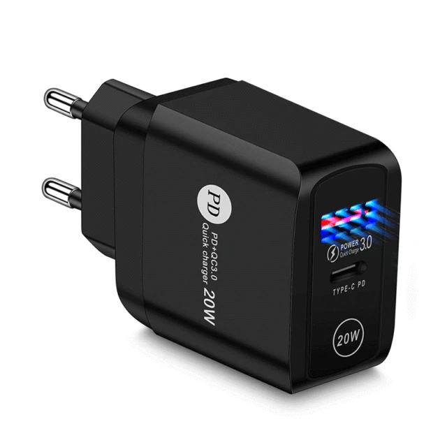 PD 20W USB Type C Charger LED Adapter Fast Phone Charge For iPhone 12 11 Pro Max X Xs Xr 7 AirPods iPad Huawei Xiaomi LG Samsung EU-Black