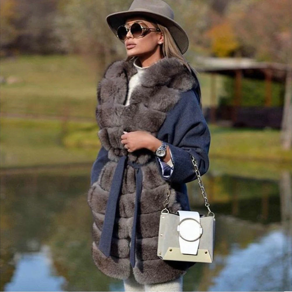 Fashion Long Fox Fur Cashmere Coat with Belt Slim Women Winter New Wool Blends Coat with Long Fox Fur Collar Natural Overcoats