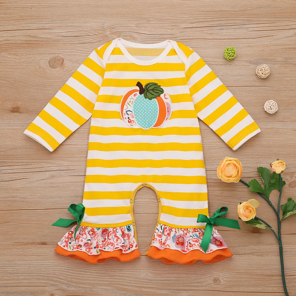 

3m-24m Infant Clothing Toddler Baby Kids Girls Halloween Pumpkin Striped Ruched Romper Clothes 2019 Costume