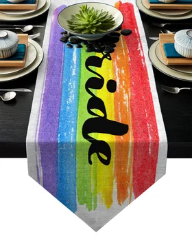 

Long Table Runner Linen Burlap Rainbow Pride Lgbt Table Cloth Runner for Kitchen Wedding Holiday Parties Events Decoration