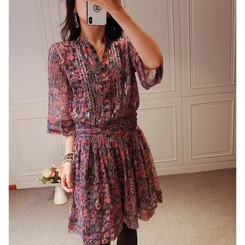 

Women Sequin Knee-length Dress V-neck Print Casual Dress 2020 New Lady Clothings