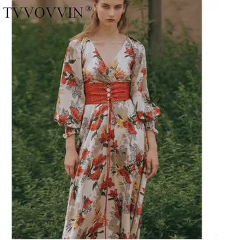 

TVVOVVIN Early Autumn French Exceed Immortal Printing Flower Pajamas Lazy Style Empire Temperament Dress Longuette Woman L323