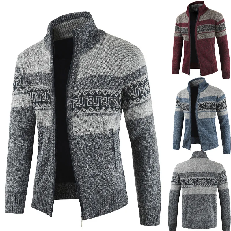

2019 Autumn And Winter Men New Style Brushed And Thick Stand Collar Sweater Mixed Colors Cardigan Sweater Coat
