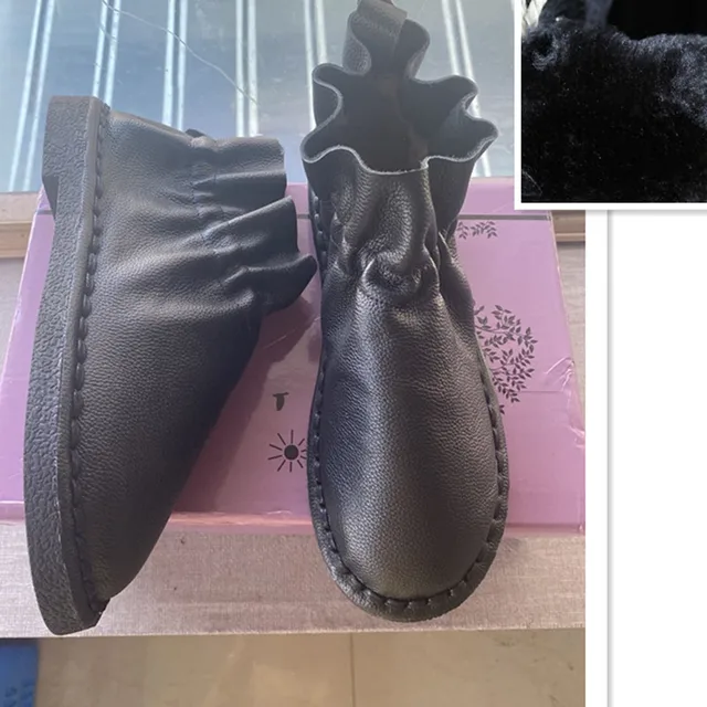 Careaymade-Spring Genuine leather shoes,Pure handmade boots,The retro art mori girl shoes, Literature Fold surface boots Black Fur