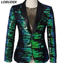 Мужская шаль лацкан блестящий зеленый блёстки костюм куртки вечерний хост Тонкий Блейзер с блестками Мужская одежда для выступлений костюм певицы