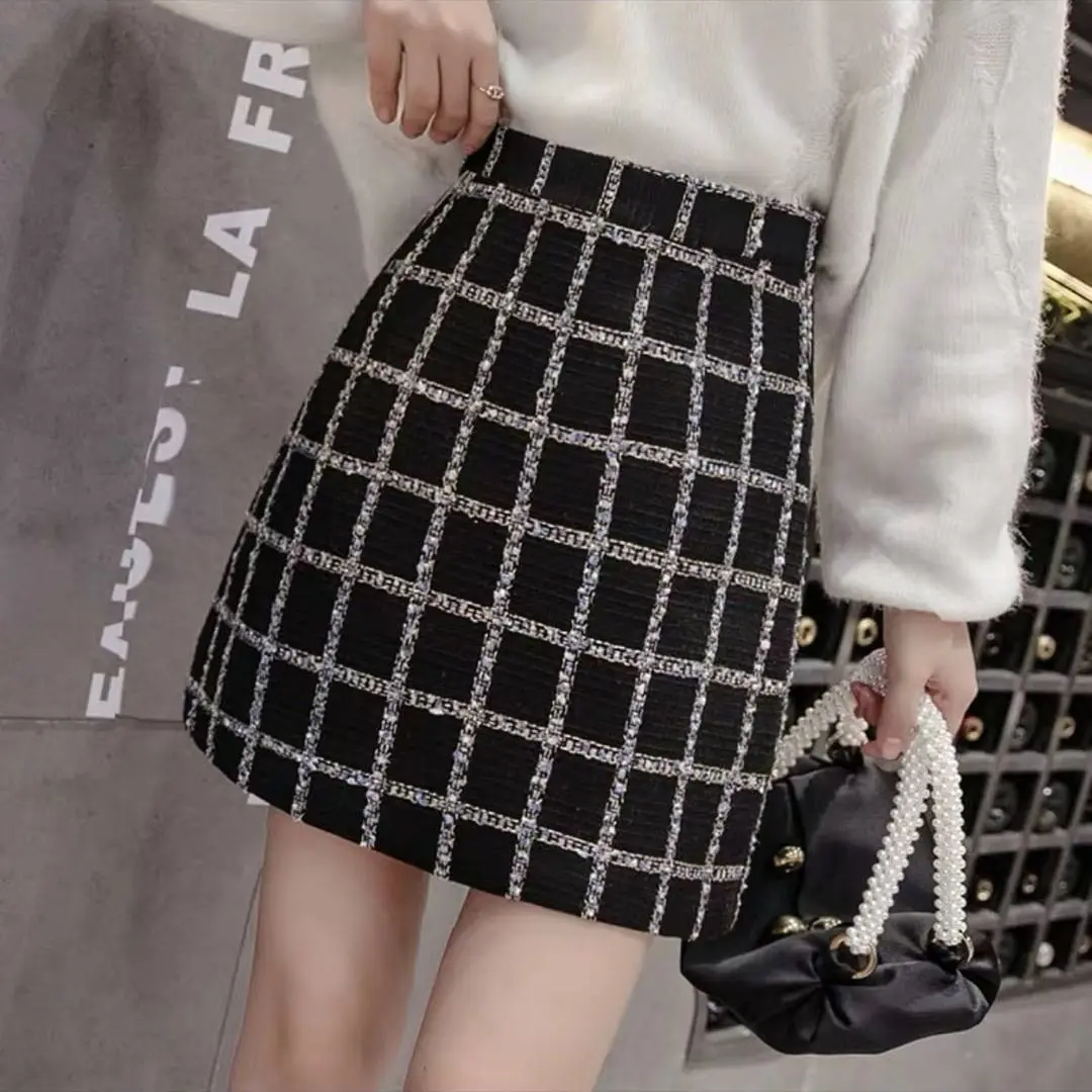 

2019 Small Real A Step Skirt Lattice Woolen High Waist Bag Buttocks A Word Half-body Skirt Short Skirt Woman