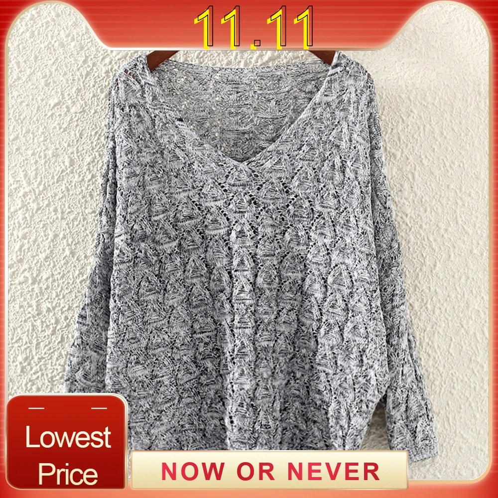 Women's Hollow Out Bat Long Sleeve Loose V Collar Sweater 2019 New Fashion Clothing For Winter Spring Autumn | Женская одежда