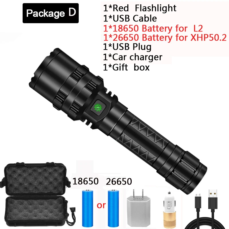 8000LM E17 L2 T6 фонарь светодиодный вспышка светильник s Перезаряжаемые XHP50 Водонепроницаемый Масштабируемые Лампа вспышка светильник 18650 или 26650 Батарея Применение - Испускаемый цвет: Package D