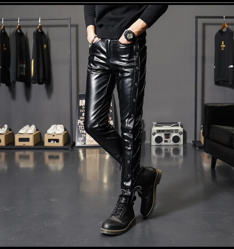 Description Picture 6 of itemHOO 2024 Men's New Threading Decorative Leather Pants Youth Personality Motorcycle Pants Black PU Leather Pants