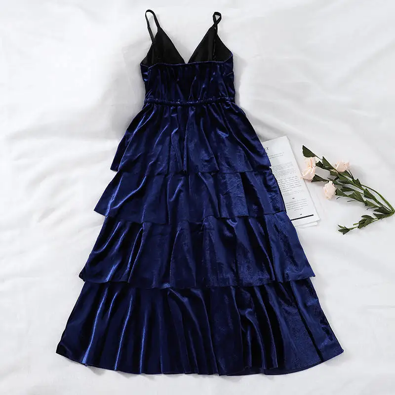 Винтажное Золотое бархатное длинное платье женское без рукавов с бретельками и v-образным вырезом сексуальное платье многослойное женское вечернее платье vestidos C5746 - Цвет: dark blue