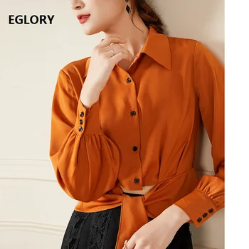

High Quality Blouses 2020 Spring Summer Casual Shirts Women Turn-down Collar Bowknot Patchwork Long Sleeve Orange Blouses Black