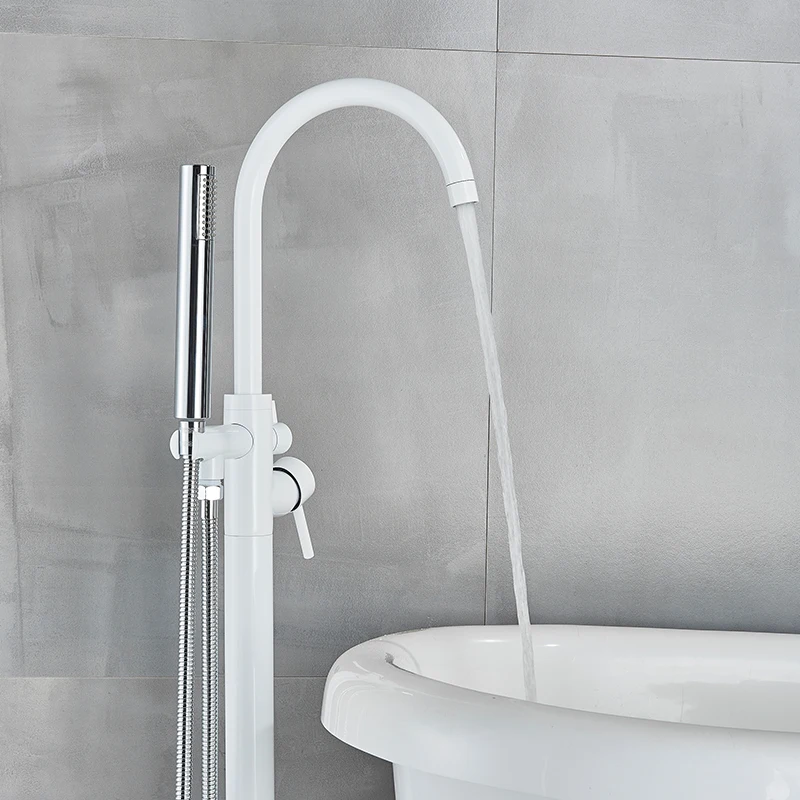 White Bathtub Shower Faucet Floor Standing Shower Tub Spout Single Handle Hot/Cold Water Mixer Tap Bathroom Faucet shower set,bathtub faucet,shower faucet,water mixer