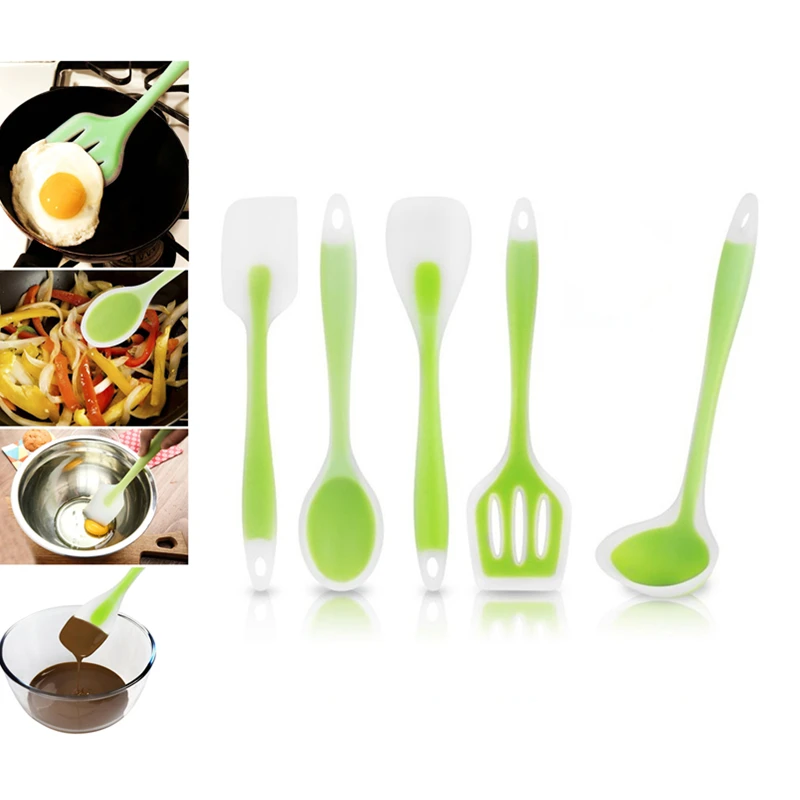

5PCS Non-Stick Silicone Heat-Resistant Cookware Spoon Soup Ladle Turner Spatula Utensil Set Supplies Kitchen Cooking Tool Kit