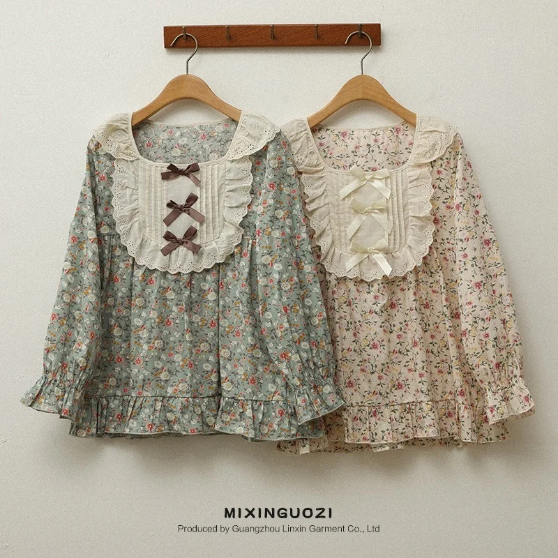 

2021 Autumn Pajama Women's Long Sleeve Retro Cotton Floral Printing Pajamas Square Collar Thin Two Piece Set Korean Home Clothes