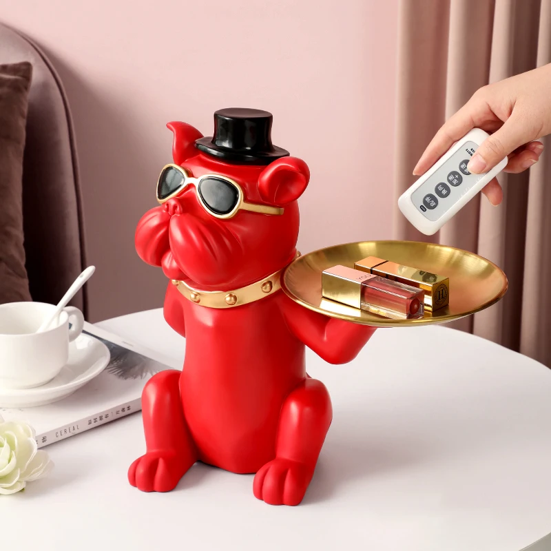 Green Bulldog with Metal Tray Table décor Resin Dog statue home decoration Dog Figurine with Decorative Tray for Keys Jewelry