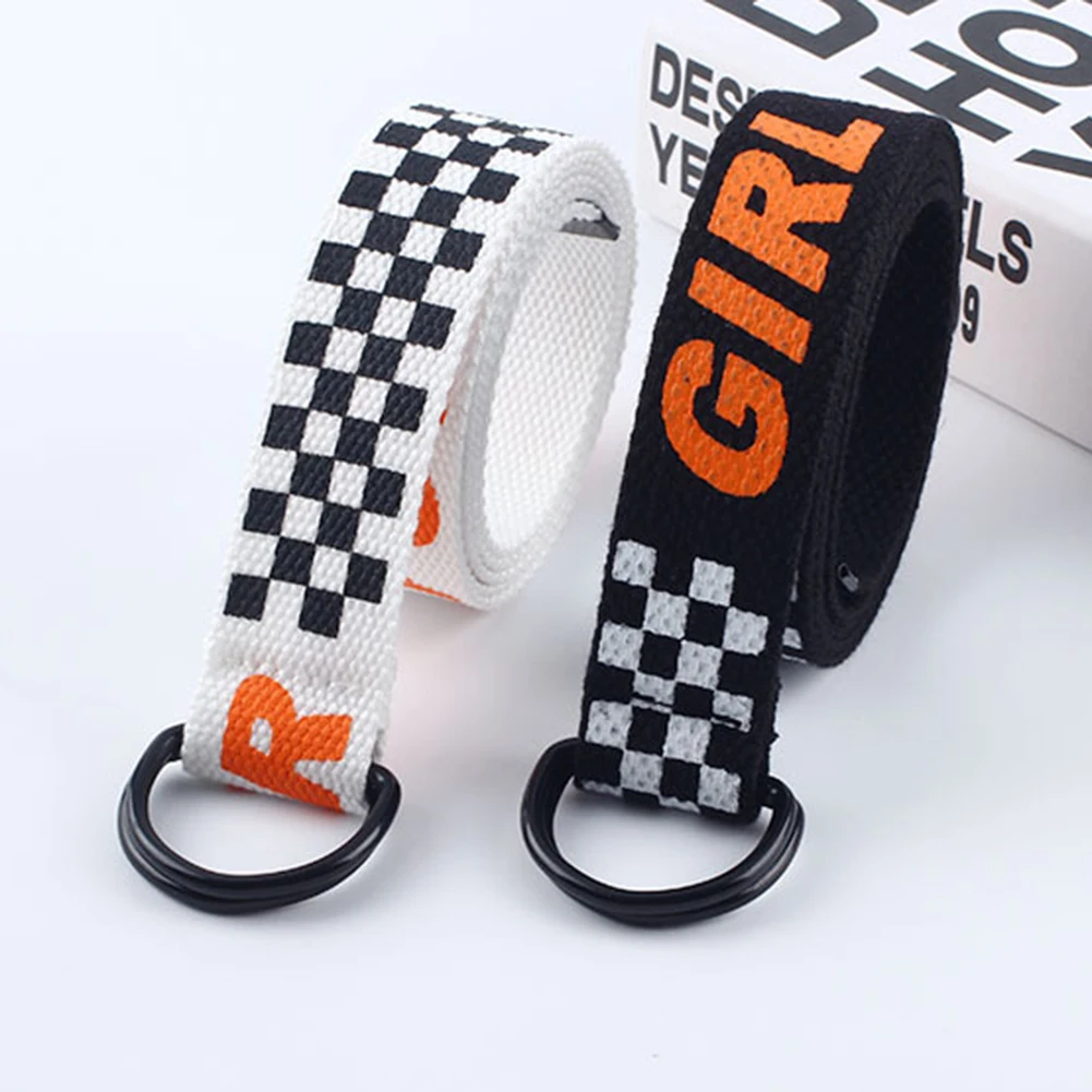 

130cm Unisex Canvas Belts Letters Printed D Ring Double Buckle Punk Waist Strap Women Men Teenager Long Wide white Belt