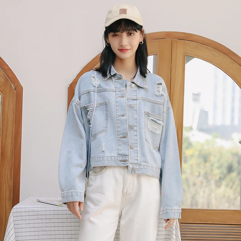 

Short Loose Vintage Hole Women Denim Jacket Spring 2020 New Single-breasted Long sleeve Jeans Jacket Female Student Basic coat
