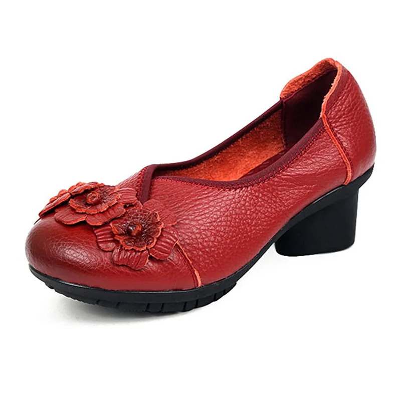 Handmade Genuine Leather Low Heels Women's Runway Shoes Woman Flower Retro Pumps Large Size 42 Ladies Small Pressure Heeled Shoe