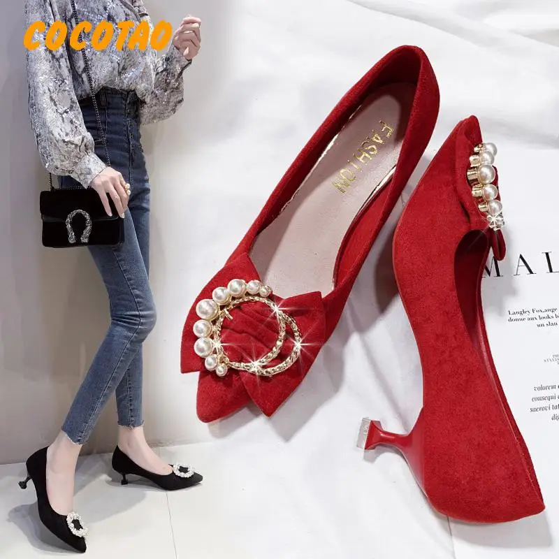 

2019 Spring New Single Shoes Red Wedding Shoes Pointed Toe High Heels With Size Code Popular Temperament Female Shoes
