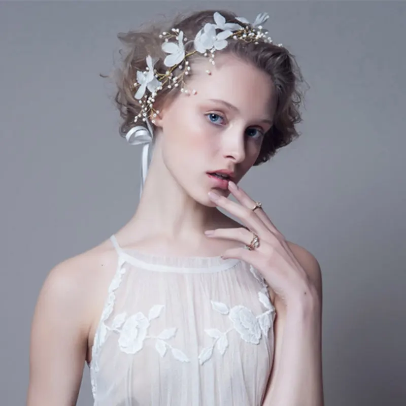 Женская повязка на голову с жемчугом FORSEVEN черно белая ручной работы цветами и