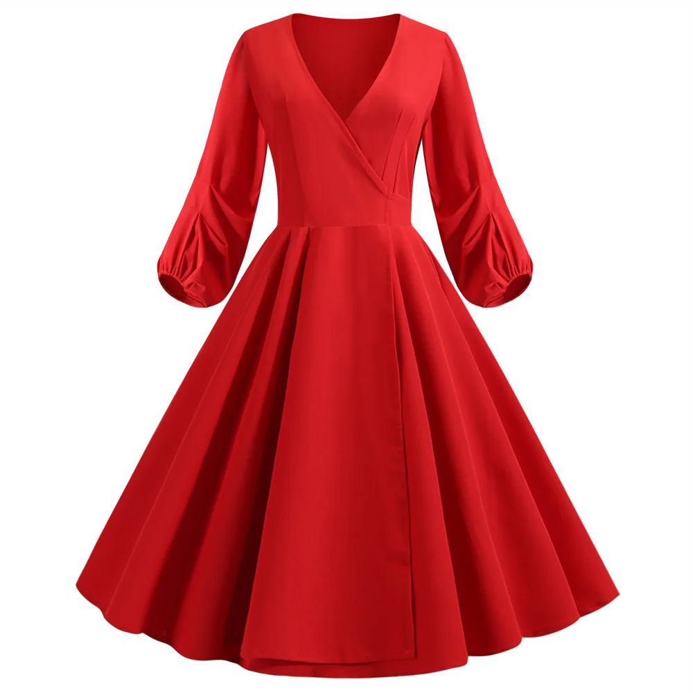 

Joineles Elegant Lantern Sleeves Women Party Dress Solid Red Bowknots V Neck Retro Dress 60s Vintage Dress Long Sleeves Vestidos