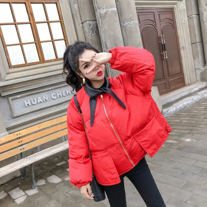 

2019 Winter New Style Korean-style Students Versatile Loose-Fit Mixed Colors V Neck Large Pocket Long Sleeve down Jacket Cotton-