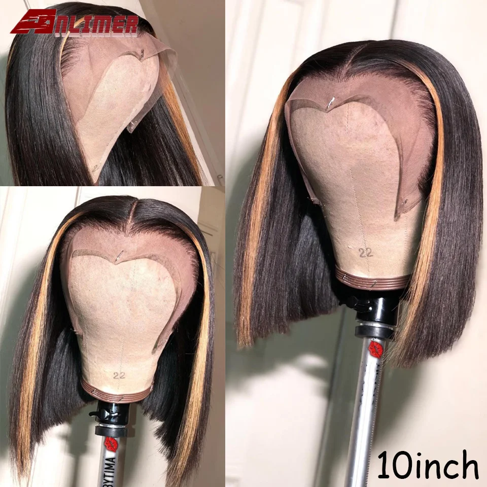Dianteira do Laço Perucas de Cabelo Loira Destaque Cor Reta Bob Peruca Corte Blunt t Parte Humano Brasileiro Remy Cabelo 13x6 150% Mel 7 High Quality Apliques e perucas