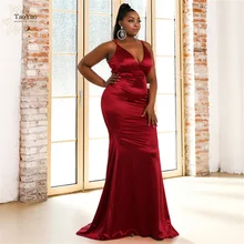 

Plus size Satin Suspender Evening Dress Sleeveless V-neck Open Back Mermaid Ball Gown Vestidos De Fiesta Woman Party Night