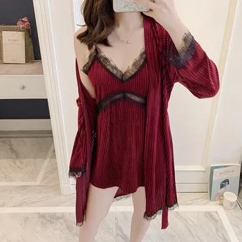 

Sexy Velvet 2PCS Twinset Robe Suit Perspective Women Sleepwear Home Clothes Nighty&Robe Set Autumn New Thick Kimono Bath Gown