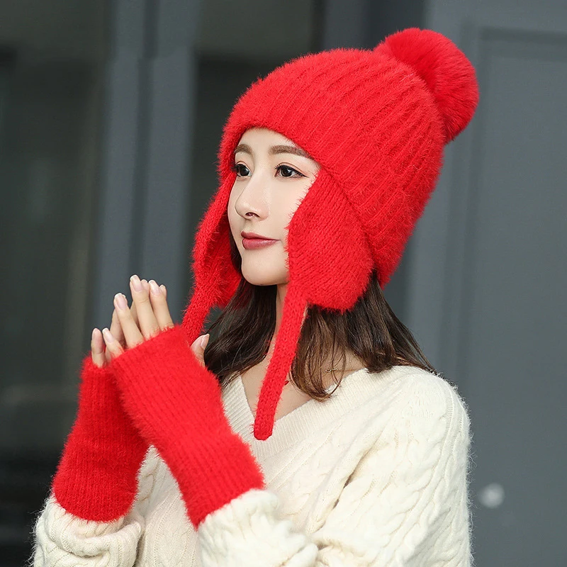 Solid Women Earflap Cap Gloves Set Classic Polyester Beanies Hat for Sweet Girls Super Soft with Big PomPom Lady Winter Warm Hat