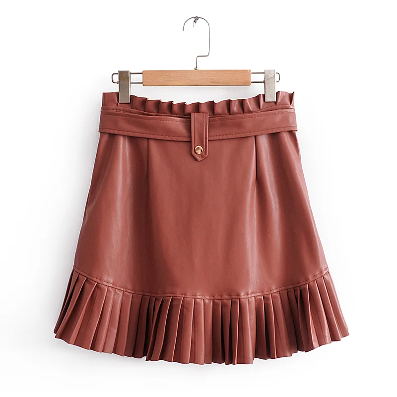 Винтажная стильная мини-юбка из искусственной кожи с карманами, Женская мода, плиссированная короткая юбка на молнии с ремнем, шикарная юбка faldas mujer