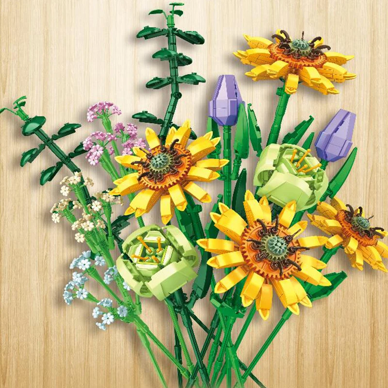 Sunflower Tulip eucalyptus leaf Flowers Bouquet Building Blocks Moc Romantic Rose Flower Bricks Diy Toys For Girl Birthday Gift | Игрушки и