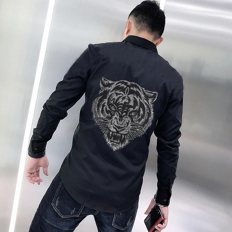 High Quality Rhinestone Spring Men's T-Shirt Popular Personality Hot Diamond Lapel Business Soft Fabric Long Sleeve Style