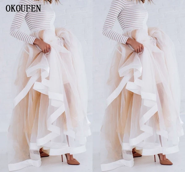 

New Design Tulle Maxi Skirt with Satin Ribbon Edge Ruffled Stylish Skirts for Women Sexy Long Skirts Wedding Bride Dress Skirt