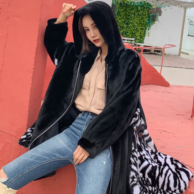 Ftangaiur Winter Import Velvet Mink Coat Embroidered With Fur Hood Loss Natural Fur Coat Women's Medium Real Mink Fur Coats