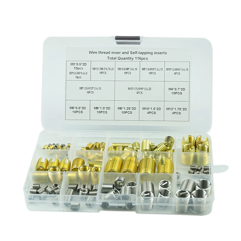 

116Pcs/Set Self Tapping Thread Slotted Inserts and Steel Wire Thread Inserts Combination Set Thread Repair Tools